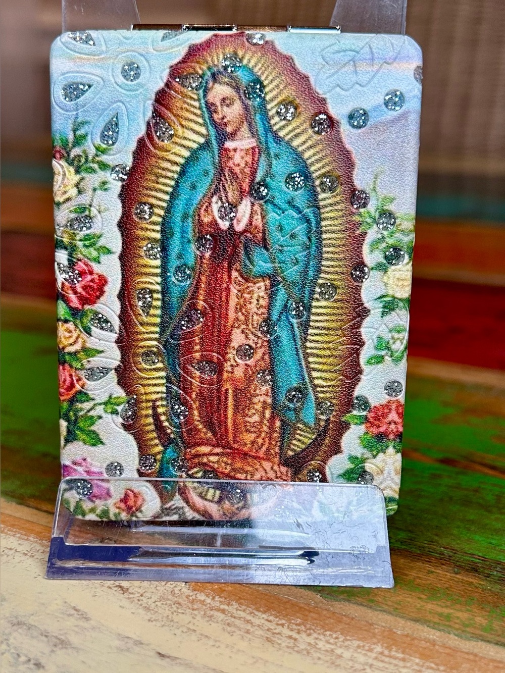 Our Lady of Guadalupe Crystal Rhinestone Double Compact Makeup Mirror